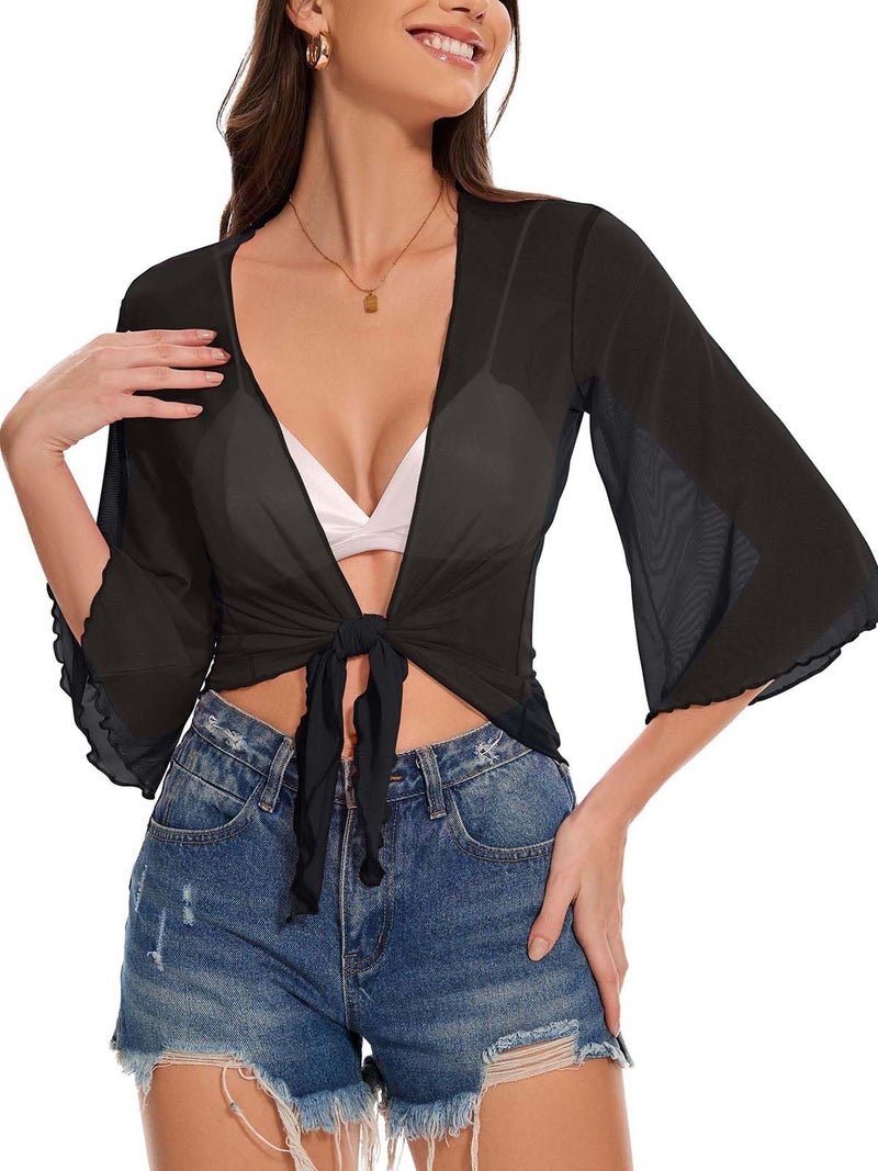 CHICGAL Women's Short Cardigan Bolero Shrug Sheer Tie Front Top 3/4 Sleeve Jacket for Dress (Black,L) - Image 1