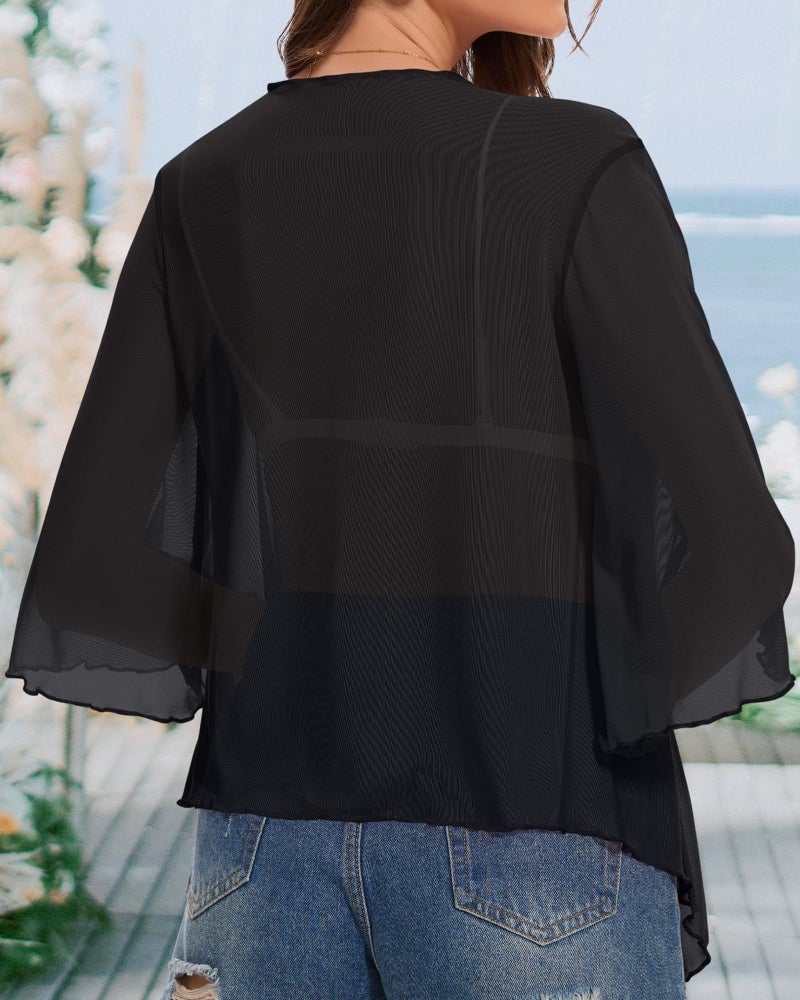 CHICGAL Women's Short Cardigan Bolero Shrug Sheer Tie Front Top 3/4 Sleeve Jacket for Dress (Black,L) - Image 5