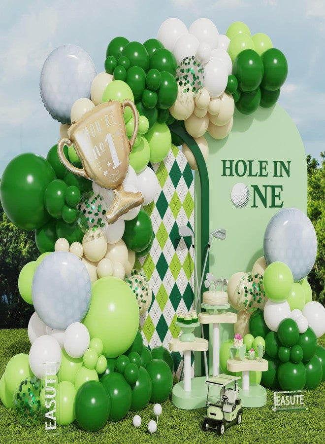 EASUTE Hole in One Golf Birthday Party Decorations, 135PCS Balloon Garland Arch Kit Golf First Birthday Decorations Green White Latex Balloons with Golf Ball Foil Balloons for 1st Golf Themed Party - Image 1