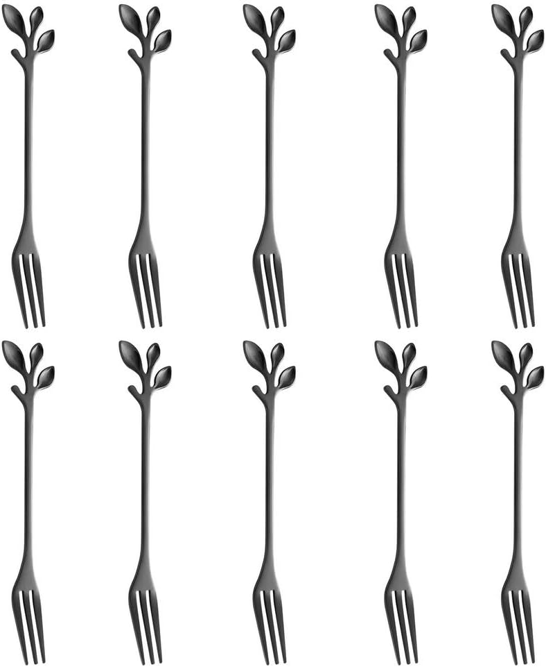 AnSaw 10-Piece Black Leaf Dessert Forks Set - 4.7" Mini Cocktail Forks | Stainless Steel Forks,Appetizer Forks,Fruit Forks,Cake Forks,Salad Forks,Small Fork,Parties & Home Use - Image 1