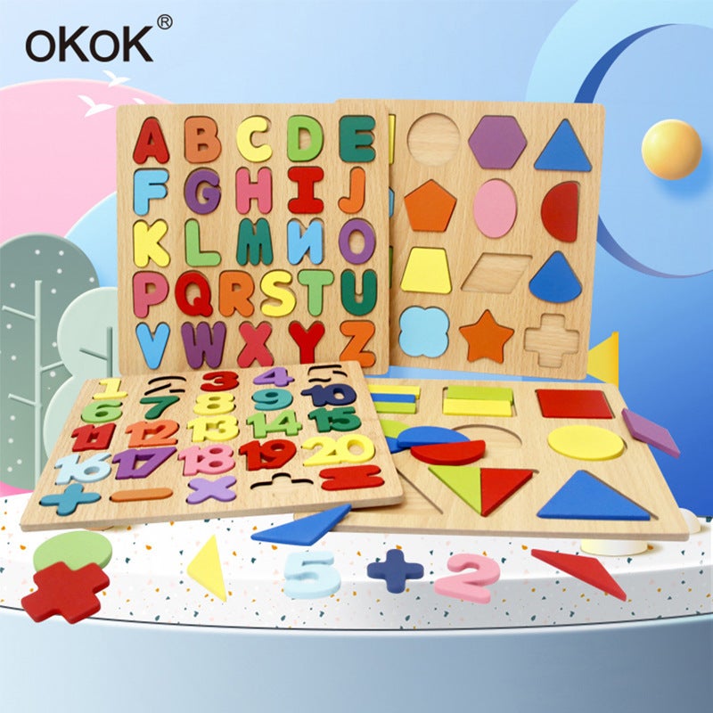 Wooden Digital Jigsaw Puzzle Children'S Board Alphabet Board Geometric Matching Hand-Held Panel Early Education Educational Toys - Image 3
