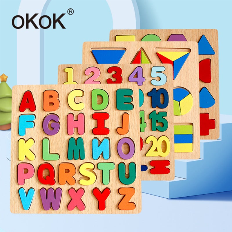 Wooden Digital Jigsaw Puzzle Children'S Board Alphabet Board Geometric Matching Hand-Held Panel Early Education Educational Toys - Image 2