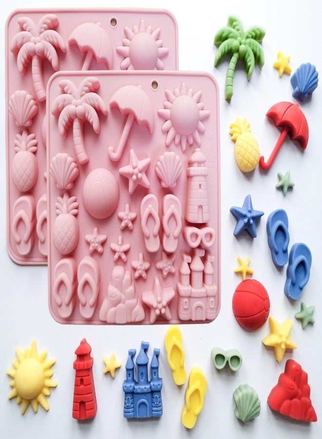 Japleed Summer Beach Theme Chocolate Molds, 2PCS Summer Party Fondant Candy Jelly Baking Ice Cube Silicone Molds, Coconut Tree Sun Shell Starfish Marine Cake Decor Mold, Unique Resin Candle Soap Mold - Image 1