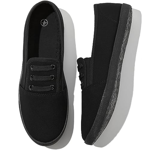 Shupua Women's Canvas Slip on Sneakers Casual Slip on Walking Shoes Womens Tennis Shoes Flat Dress Shoes Non Slip Work Shoes(Black Mno.us9) - Image 1