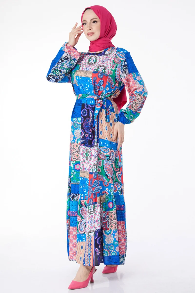 Tofisa Plain Judge Collar Women's Blue Patterned Colorful Dress - 24994