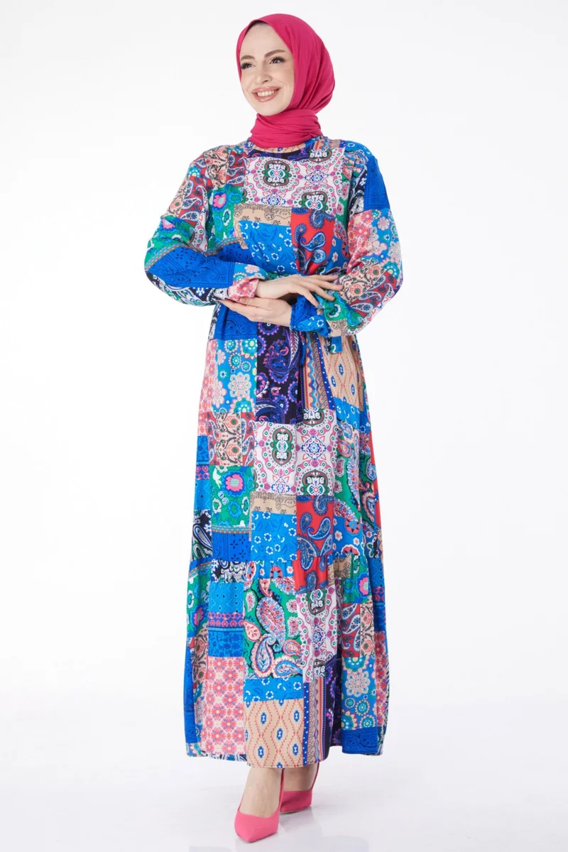 Tofisa Plain Judge Collar Women's Blue Patterned Colorful Dress - 24994