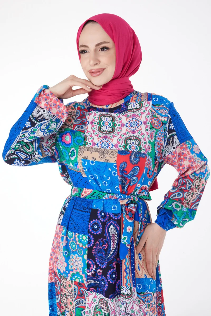 Tofisa Plain Judge Collar Women's Blue Patterned Colorful Dress - 24994