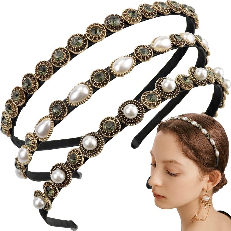 NAIHOD 3 Pcs Pearls Rhinestones Thin Headbands for Women Girls Luxury Vintage Hair Bands for Women's Hair with Cloth Wrapped Metal Hair Hoop Baroque Headpiece Elastic Head Bands