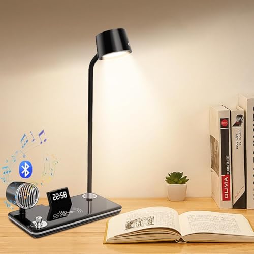 Foliam LED 4 in 1 Desk Lamps for Home Office, Wireless Charger Small Desk Lamp with Bluetooth Speaker, Touch Lamps for nightstand, Reading Night Light with Alarm Clock,Dimmable,Side Table Lamp - Image 4