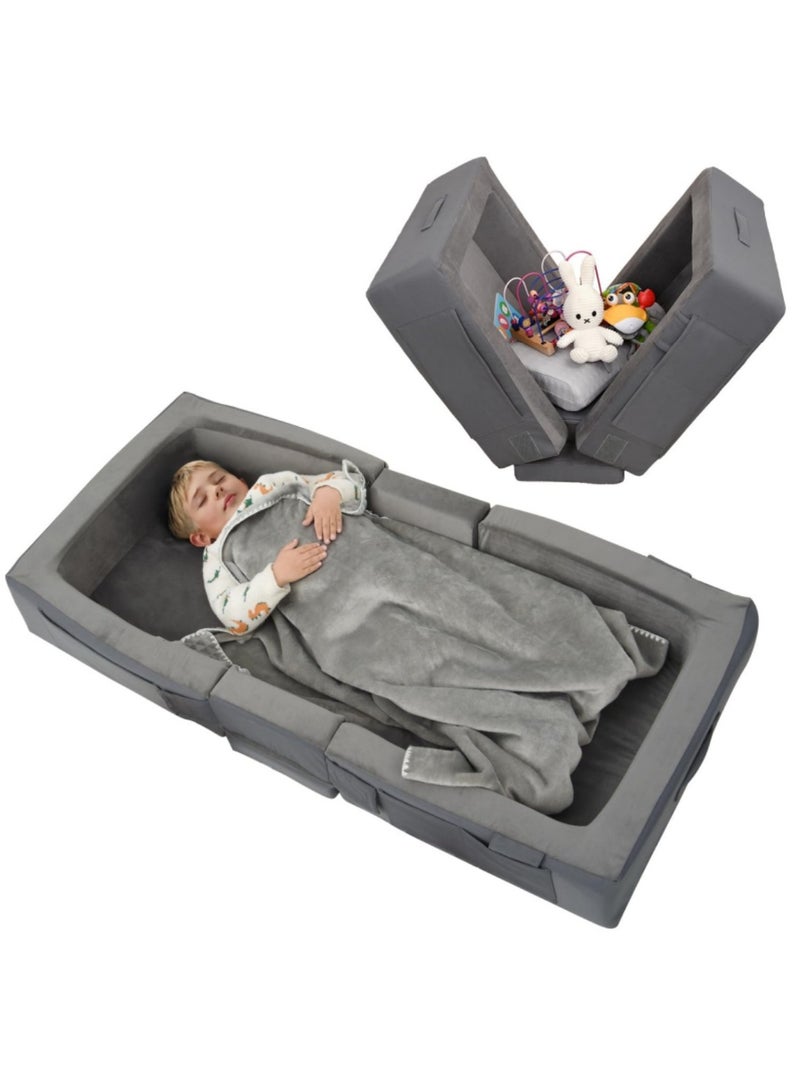 XICEN Toddler Travel Bed, Folding Portable Baby Cot, Can Store Toys & Clothes, Machine Washable Kids Bed, Lightweight Baby Cradle for Baby 18M – 4 Years Old (Grey Color) - Image 1