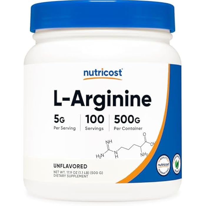 Nutricost L-Arginine Powder 500 Grams (1.1lbs) - Pure L-Arginine Powder - 5000mg Per Serving; 100 Servings - Image 1