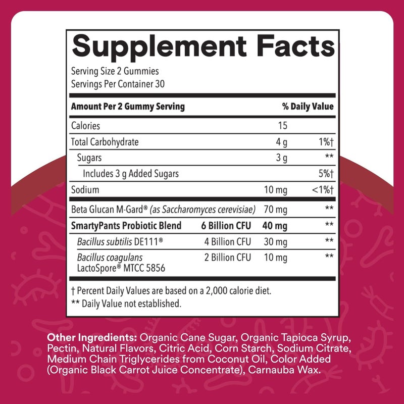 SmartyPants Adult Probiotic  Prebiotic Gummies for Digestive Health 6 Billion CFU Gut Health Supplement Clinically Studied Prebiotic for Immune Support Grape 60 Count 30 Day Supply - Image 3