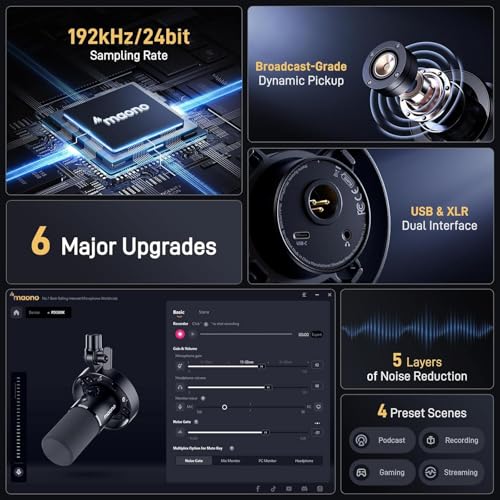 MAONO Podcast Dynamic Microphone-XLR USB Recording Mic: for Vocal Recording, Content Creation, Home Studio, Voiceover, with 192kHz/24bit, Noise Reduction, Mic Gain, Monitoring, Mute (PD300X) Black - Image 2