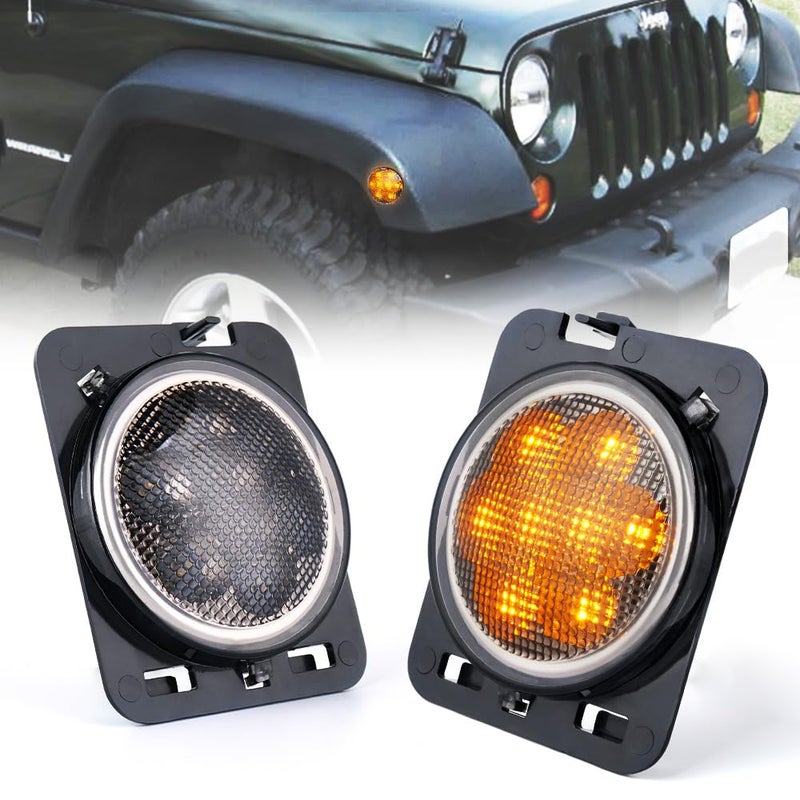Xprite LED Amber Yellow Front Fender Side Marker Light Assembly with Smoke Lens Compatible with 2007 2008 2009 2010 2011 2012 2013 2016 2017 2018 Jeep Wrangler JK