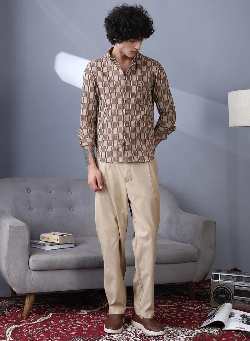Campus Sutra Campus Sutra Men's Mocha Brown & Ecru Beige Block-Edge Shirt For Casual Wear | Spread Collar | Long Cuffed Sleeves | Button Closure | Shirt Crafted With Comfort Fit For Everyday Wear