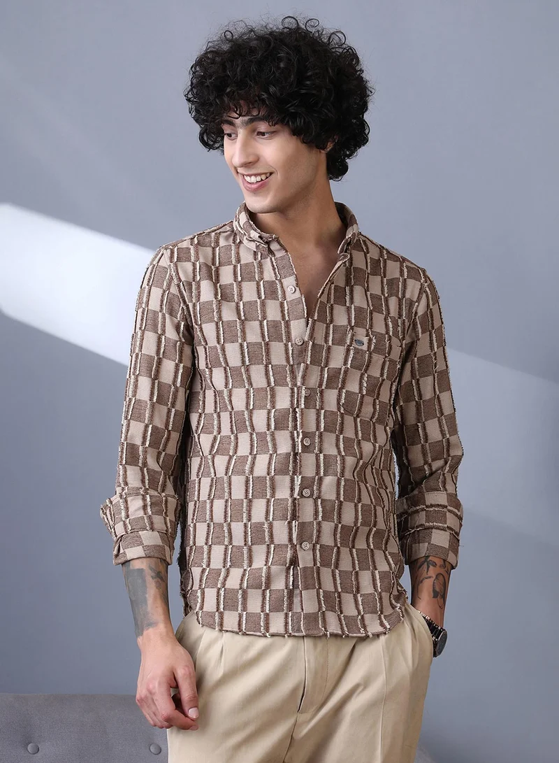 Campus Sutra Campus Sutra Men's Mocha Brown & Ecru Beige Block-Edge Shirt For Casual Wear | Spread Collar | Long Cuffed Sleeves | Button Closure | Shirt Crafted With Comfort Fit For Everyday Wear