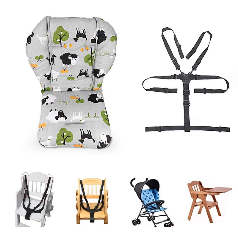 Kocpudu High Chair Pad Ancho Grey Background Sheep Pattern Highchairseat Cushion Protective Film Breathable Pad with Baby High Chair Seat Belt2 Pieces - Image 3