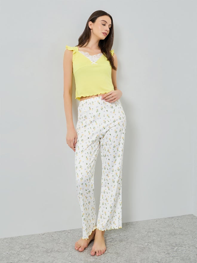 Styli Yellow Lace Detail Cami and Floral Pyjama Set - Image 1