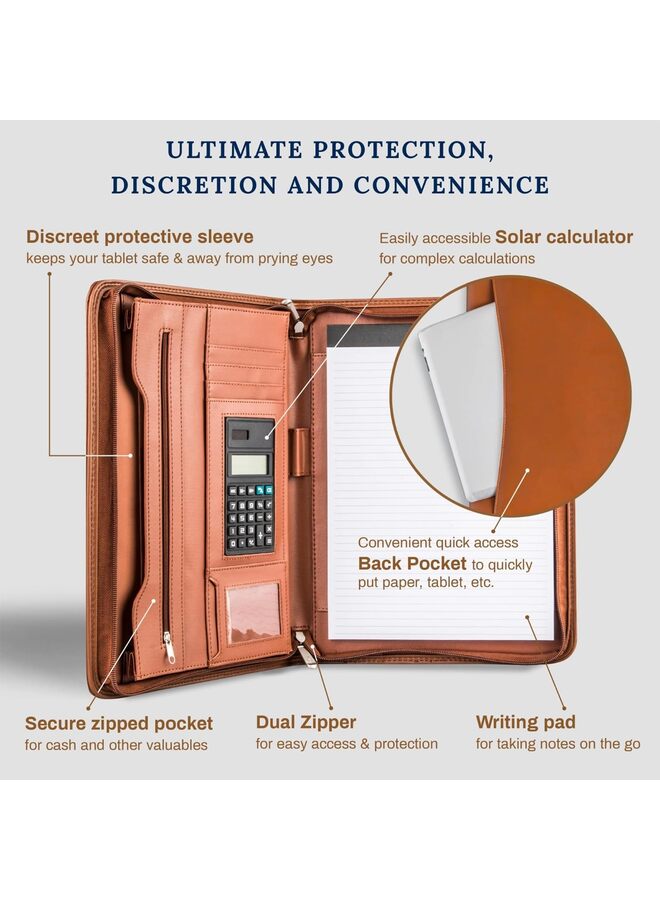 Generic Business Portfolio, Superior Vegan Leather Business Portfolio with Zipper, Portfolio All-in-One, Protective Inch Tablet Sleeve, Presentation Slot, Solar Calculator  - Image 1