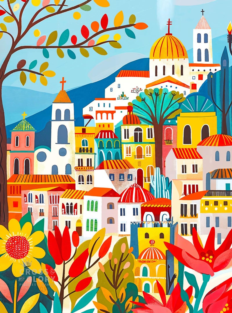 Cross & Glory - Charming Barcelona in Bloom - 1000 Piece Jigsaw Puzzle for Adults | Colorful Floral Folk Art Puzzle for Barcelona Lovers and Art Enthusiasts - Image 1