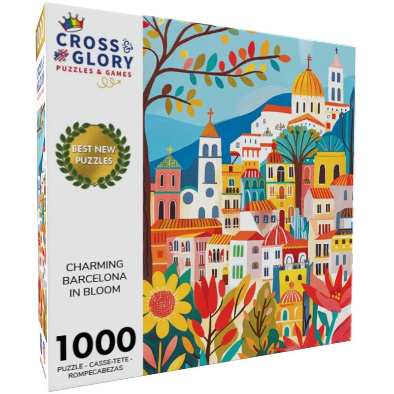Cross & Glory - Charming Barcelona in Bloom - 1000 Piece Jigsaw Puzzle for Adults | Colorful Floral Folk Art Puzzle for Barcelona Lovers and Art Enthusiasts - Image 2