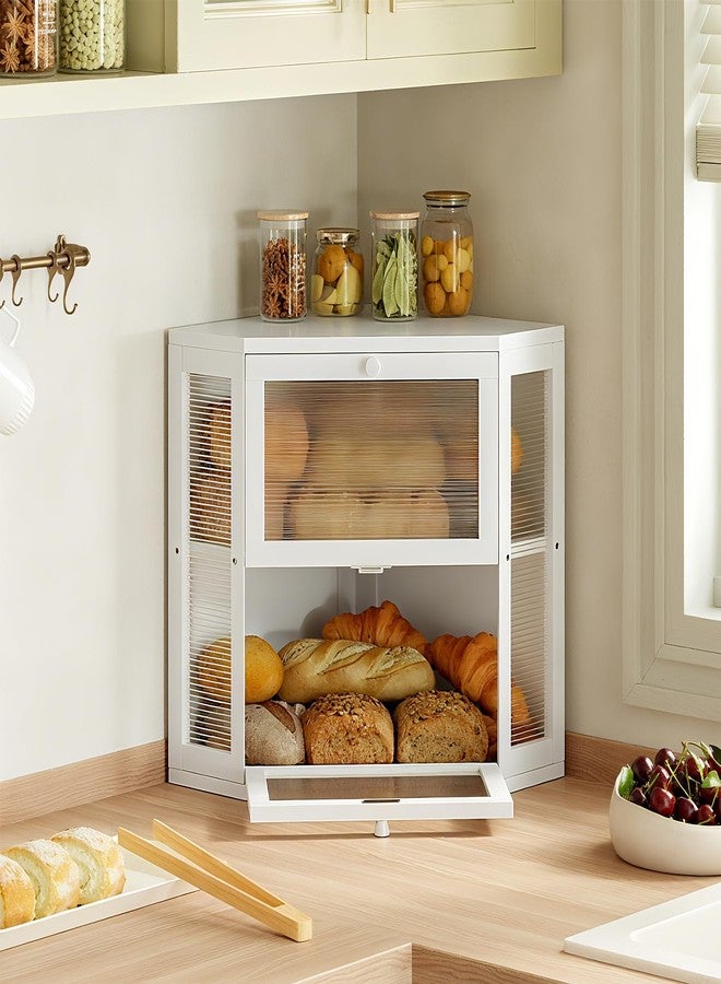 WOWLIVE Corner Bread Box for Kitchen Countertop, Double Layer Bamboo Bread Storage Container, Large Farmhouse Bread box with Acrylic Wavy Door Panel, Under Cabinet Organizer (White, Medium) - Image 2