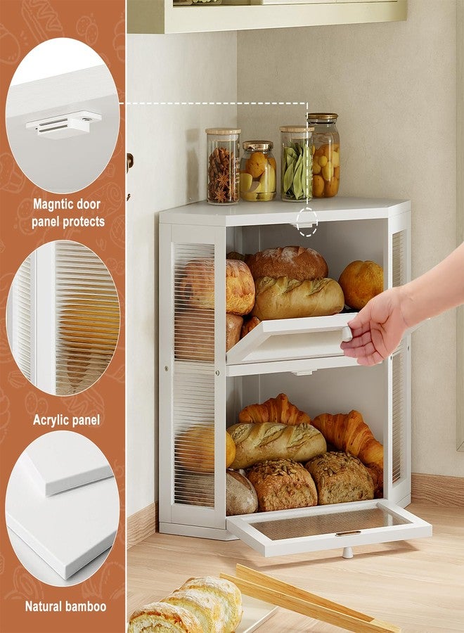 WOWLIVE Corner Bread Box for Kitchen Countertop, Double Layer Bamboo Bread Storage Container, Large Farmhouse Bread box with Acrylic Wavy Door Panel, Under Cabinet Organizer (White, Medium) - Image 4
