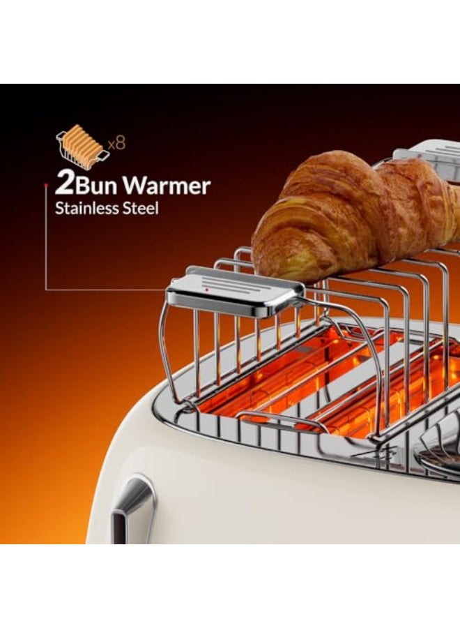 Feller Germany, Retro Style 4-Slice Toaster, 1630 W, Steel Body, 2 Dust Covers & 2 Bun Warmers, Defrost, Reheat, & Cancel Function, 4 Extra wide Bread Slots, Removable Crumb Tray, TO490 (Cream) - Image 2