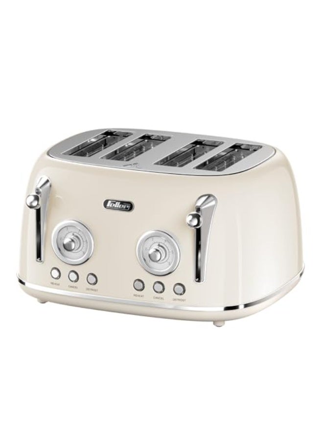 Feller Germany, Retro Style 4-Slice Toaster, 1630 W, Steel Body, 2 Dust Covers & 2 Bun Warmers, Defrost, Reheat, & Cancel Function, 4 Extra wide Bread Slots, Removable Crumb Tray, TO490 (Cream)