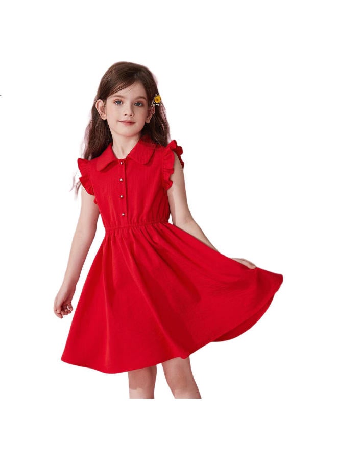 Ask Junior Girls' Sleeveless Ruffle Trim Thin Shirt Collar Princess Dress Red Base Color 160 - Image 1