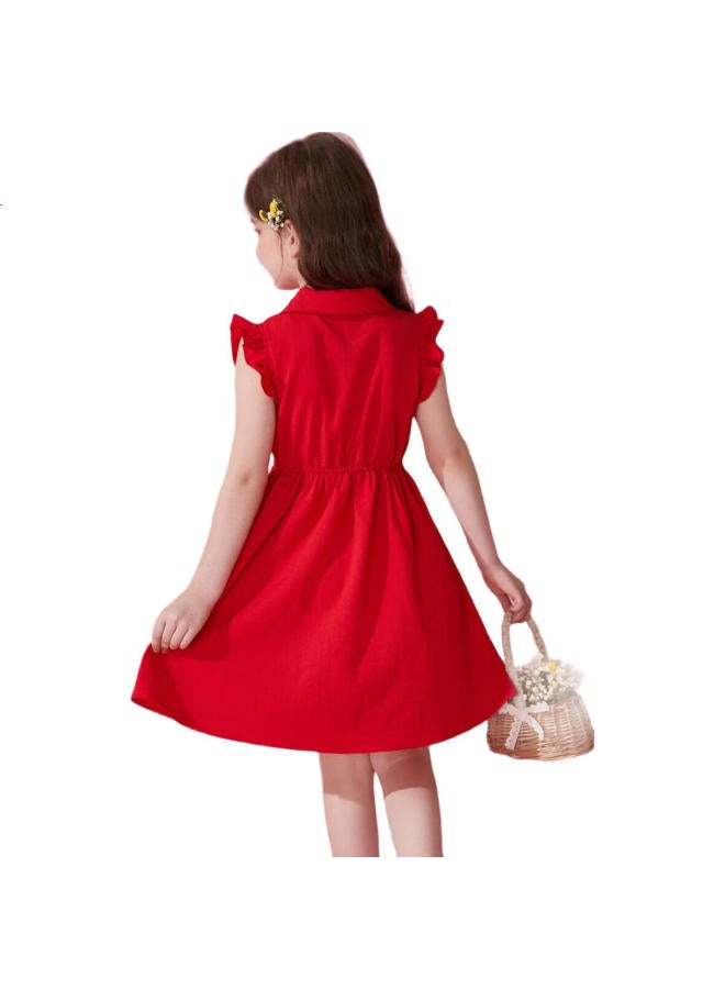 Ask Junior Girls' Sleeveless Ruffle Trim Thin Shirt Collar Princess Dress Red Base Color 160 - Image 3