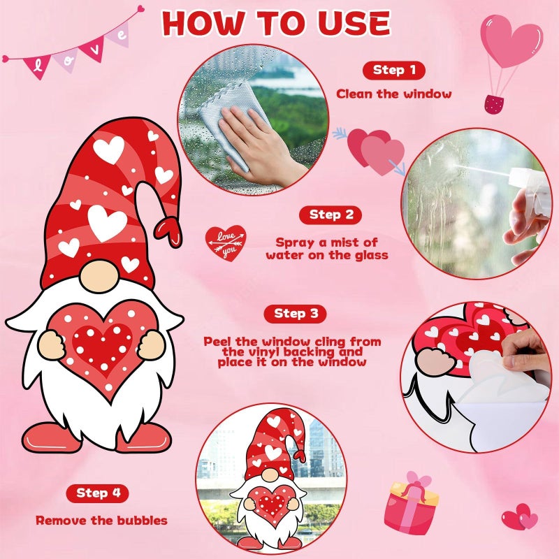 OBUSATT 3 Sheets Extra Large Valentine's Day Window Clings Decorations Valentines Day Gnome Window Ornament Giant Gnome Heart Decal Supplies for Wedding Anniversary Party Home Office Classroom Decor - Image 5