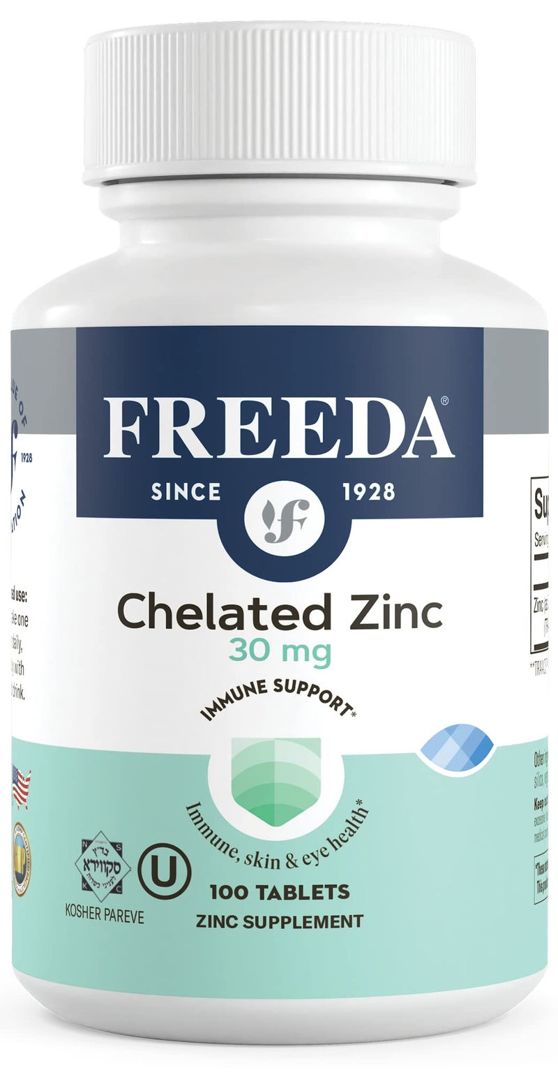 Freeda Chelated Zinc 30mg TRAACS Zinc Bisglycinate for High Absorption Vegan Kosher Gentle on Stomach Immune Support for Adults Men Women 100 Tiny Tablets