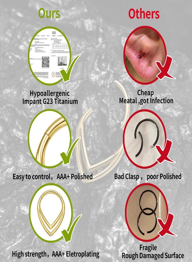 فوجو حلق الأنف VOJO G23 من التيتانيوم 16G على شكل دمعة، أقراط ثقب الأذن، مجوهرات ثقب الزنمة، حلقات الأنف الحلزونية للنساء (بذرة ذهبية عمودية 10 مم) - Image 5