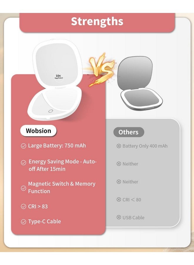 wobsion Travel Mirror With Light, Rechargeable 1X/10X Compact Magnifying Mirror, Dimmable Pocket Mirror,Handheld 2-Side Mirror With Light,4Inch Travel Size,Portable For Handbag,Purse,Gift,White  - Image 3