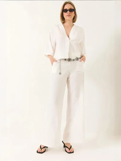 Bianco Lucci LUCCI V-neck Tunic and Wide Leg Pants Two-Piece Set