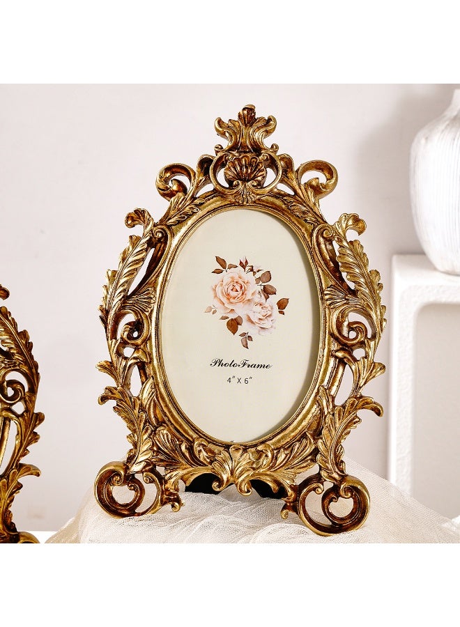 إطار صور ذهبي كلاسيكي فاخر من مادة الراتينج المزخرف بزهور، مع زجاج أمامي لوضع الصور - إطار طاولات أنيق بتصميم عتيق لديكور المنزل والمكتب (المقاس الصغير) - Image 3
