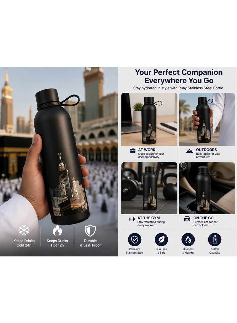 Ruay Stainless Steel Vacuum Insulated Water Bottle - 500ML – Leak Proof Thermos Flask for Hot & Cold Drinks Clock Tower Design - Image 2