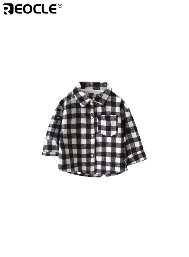 ريوكل قميص طويل الأكمام للأطفال بتصميم مربعات وميزة ألوان ريترو، قميص غير رسمي للأطفال مع ياقة مصممة لارتدائه في الخريف. - Image 1