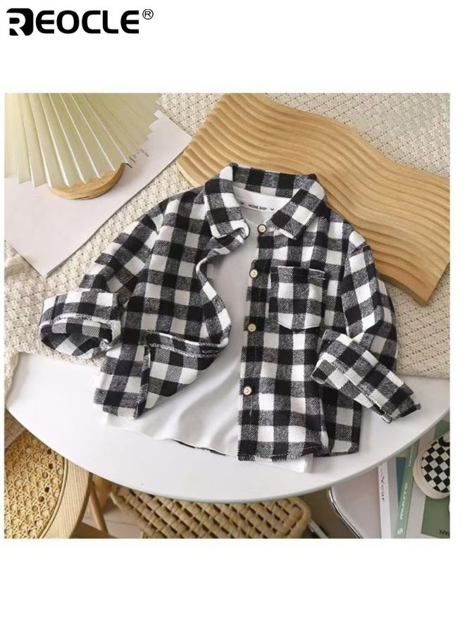 ريوكل قميص طويل الأكمام للأطفال بتصميم مربعات وميزة ألوان ريترو، قميص غير رسمي للأطفال مع ياقة مصممة لارتدائه في الخريف. - Image 2
