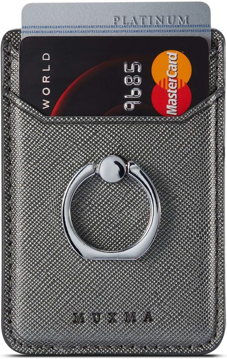 TOPWOOZU Phone Card Holder with Ring Grip for Back of Phone,Adhesive Stick-on Credit Card Wallet Pocket for iPhone,Android and Smartphones Gun Metal - Image 3