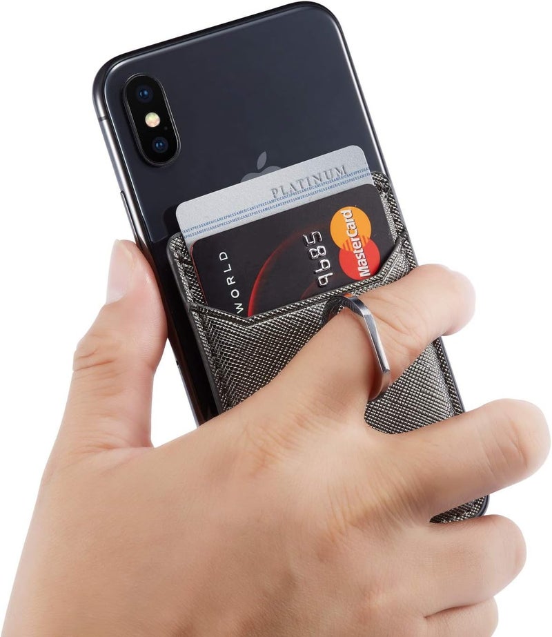 TOPWOOZU Phone Card Holder with Ring Grip for Back of Phone,Adhesive Stick-on Credit Card Wallet Pocket for iPhone,Android and Smartphones Gun Metal - Image 5