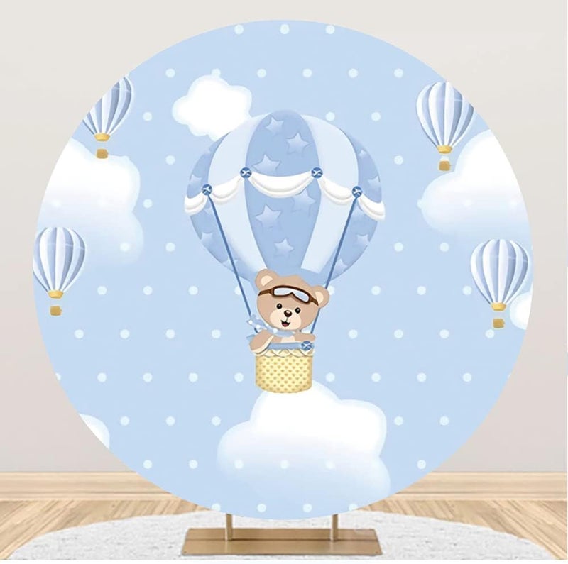 Yeele 7x7ft Hot Air Balloon Bear Round Backdrop Cloud Blue Photography Background for Baby Shower Newborn Kid Boy Birthday Party Banner Decoration Dessert Cake Table Banner Photo Booth Props - Image 1
