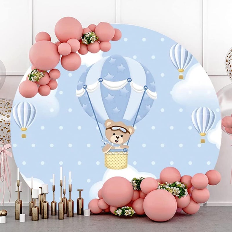 Yeele 7x7ft Hot Air Balloon Bear Round Backdrop Cloud Blue Photography Background for Baby Shower Newborn Kid Boy Birthday Party Banner Decoration Dessert Cake Table Banner Photo Booth Props - Image 2