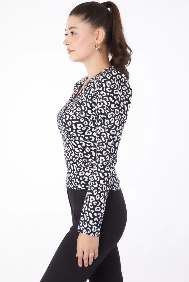 Tofisa Plain Cowl Collar Women's Black Leopard Patterned Blouse - 26215