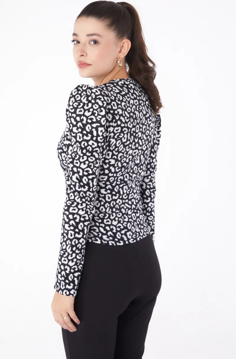 Tofisa Plain Cowl Collar Women's Black Leopard Patterned Blouse - 26215