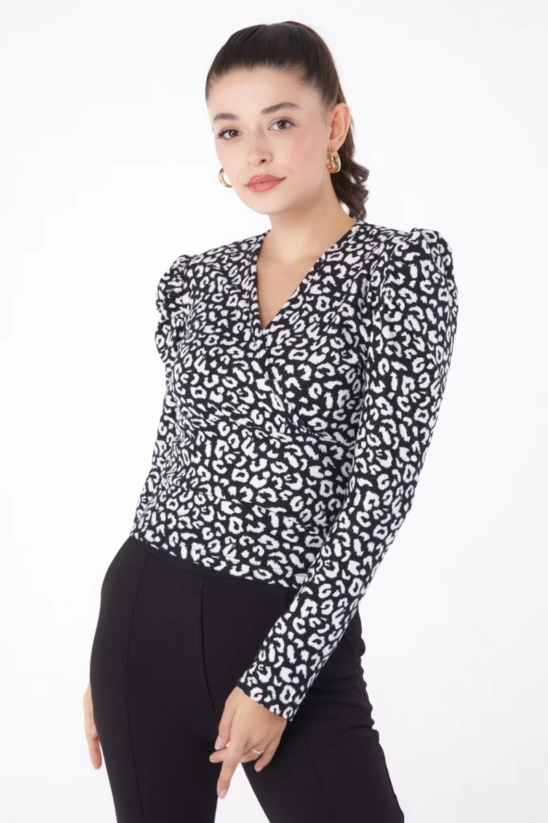 Tofisa Plain Cowl Collar Women's Black Leopard Patterned Blouse - 26215