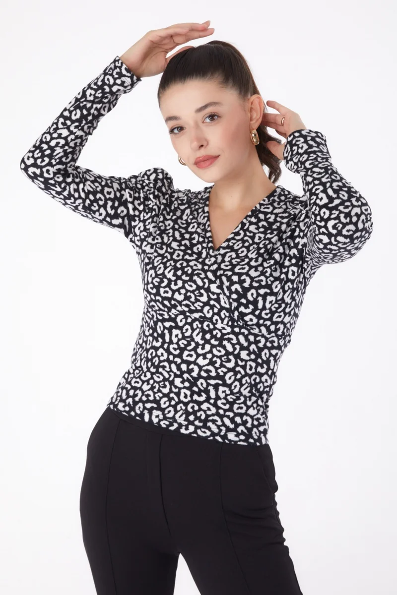 Tofisa Plain Cowl Collar Women's Black Leopard Patterned Blouse - 26215