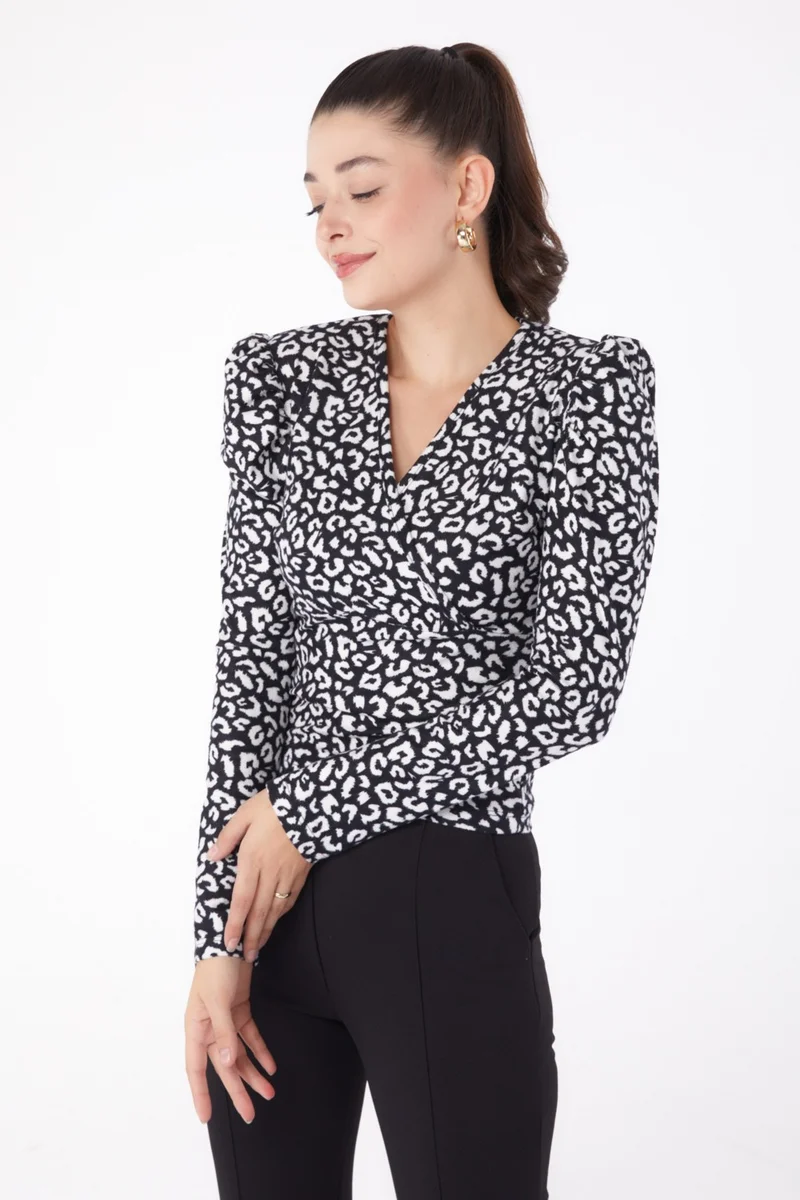 Tofisa Plain Cowl Collar Women's Black Leopard Patterned Blouse - 26215