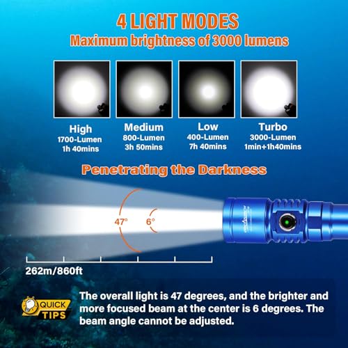 ORCATORCH D710 Scuba Diving Light, 3000 Lumens Super Bright Underwater Flashlight with 6 Degrees Narrow Beam, IP68 Waterproof Night Dive Torch 150 Meters Submersible Light (Blue) - Image 2